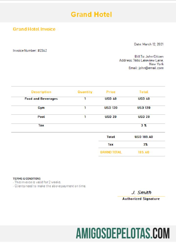 Fatura do Grande Hotel dos EUA baixar para verificação